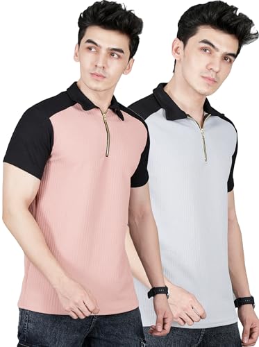 Image of London Hills Men's Premium Pure Polyester Zipper Polo Neck T-Shirt | Lightweight & Comfortable Half Sleeves T-Shirt | Polyester Blend | Regular & Comfort Fit (Pack of 2)