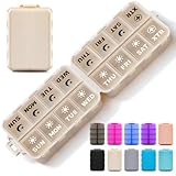 Foldable Weekly Pill Organizer 2 Times a Day with 2 Extra Compartments (Clear Printed Labels) - Portable 7 Day AM PM Medicine Box, Week Daily Travel Pill Case Holder for Vitamin, Supplement - Khaki