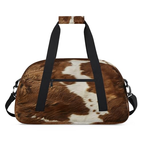 Cow Print Vintage Brown Gym Bag for Women Men, Sports Travel Duffel Bag Lightweight Workout Bag Carry On Overnight Weekender Bag
