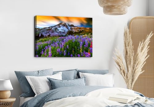 Image of Nature Flowers Landscape Wall Art Mountain Canvas Artwork Purple Floral Picture Wall Decor, Modern Wilderness Scenic Framed Painting for Living Room Bedroom Bathroom Office Home Decoration 24x36 inch