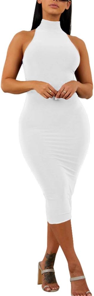 GOBLES Women's Sexy Halter High Neck Elegant Sleeveless Bodycon Midi Club Dress