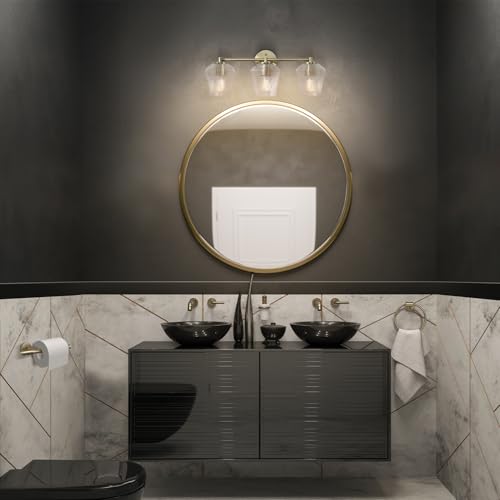 Image of GLOBE Electric 63000063 5-Piece All-in-One Bathroom Set, Matte Brass Finish, 3-Light Vanity Light, Glass Shades, Towel Bar, Toilet Paper Holder, Towel Ring, Robe Hook, Bathroom Lights Over Mirror