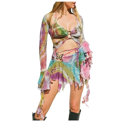 Ensemble de robe d'été 2 pièces sexy avec mini jupe élastique et manches volantées