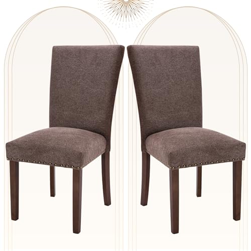 Image of COLAMY Upholstered Parsons Dining Chairs Set of 2, Fabric Dining Room Kitchen Side Chair with Nailhead Trim and Wood Legs - Brown