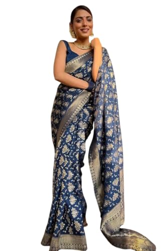 Saree Bollywood bleu KULIA résout le problème de taille avec chemisier