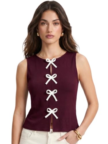 Image of Selvia Ribbed Bow Detail Sleeveless Crop Tops for Women Western