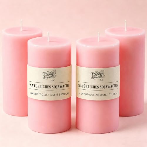 Bougies cylindriques sans parfum Ugbem, lot de 4, petites bougies roses en cire de soja 5x10 cm, non toxiques et sans fumée avec mèche en coton, décoration...