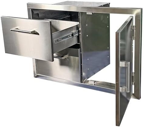 Outdoor Kitchen Door Drawer Combo Cabinet Stainless Steel, 32-inch Double Drawer Combo Right Opening Access Door for Outdoor Kitchen Island, Kitchen Storage, or Patio Grill Station