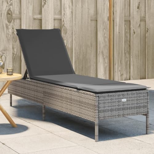 Chaise Longue de Jardin, Transat en Rotin Synthétique avec Coussin, Dossier Réglable 5 Positions, Résistant aux Intempéries, Transat Jardin Exterieur,...