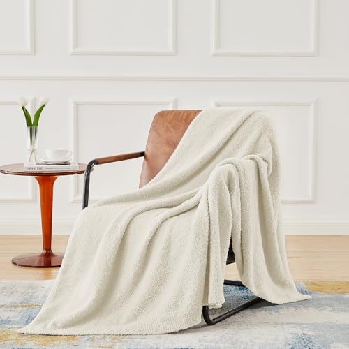 Image of CYMULA Super Soft Knit Throw Blanket Throw Size Beige - Lightweight Plush Fuzzy Fluffy Warm Cozy Blankets and Throws for Sofa Bed All Season Use, 50x60 inches