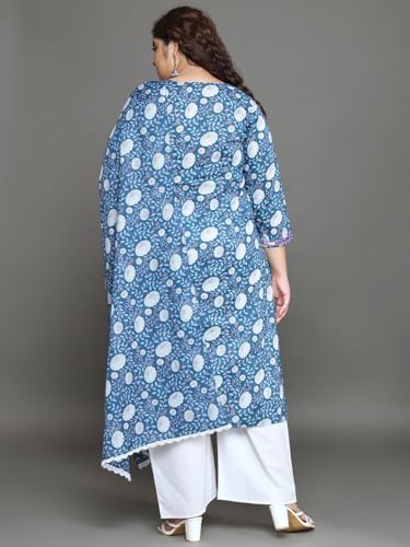 Tissu Women's Plus Size Blue Floral Printed Pure Cotton Kurta Palazzo with Dupatta3