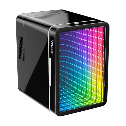 VANZBON Mini Fridge, Mini Compact Refrigerator with Gaming Light, 4 Liter/6 Cans Small Refrigerator with Mirror Door, AC/DC Portable Mini Cooler and Warmer Fridge for Bedroom, Car and Gaming Room
