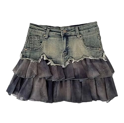 Women's Spliced Denim Mini Skirt High-Waisted Slimming A-Line Jean Short Skirt