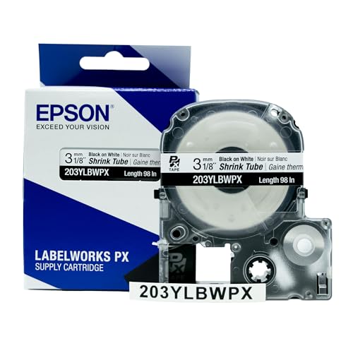 Epson LABELWORKS 203YLBWPX Tape Cartridge - Black on White Shrink Tube Industrial Label Maker Tape - AWG 16-22, 1/8