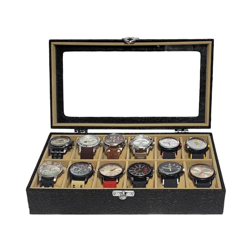 Estojo Para 12 Relógios Com Vidro Preto Com Interno Aveludado Bege Caixa Maleta Porta Relógio
