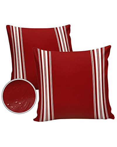 Vandarllin Outdoor Throw Pillows Covers 18X18 Set of 2 Waterproof Burgundy Red Stripe Decorative Zippered Lumbar Cushion Covers for Patio Furniture, French Stripe Farmhouse Style