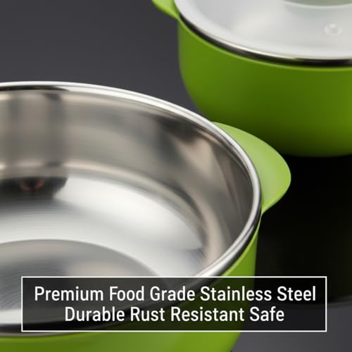 Image of Premium Stainless Steel Bowl Set of 3 | Microwave Safe Bowls with Lids | Mixing & Serving Bowls for Kitchen | Multi-Purpose Serving Bowls for Salad, Rice, Desert, Bowl Set (Green)