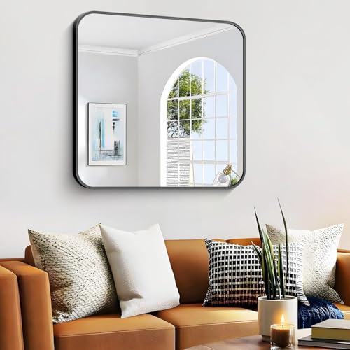 Image of Bathroom Mirror, 40 x 36 inch Black Rectangle Wall Mirror, Metal Frame Rectangular Vanity Mirror, Rounded Corner Wall Mounted Mirror for Modern Bedroom Living Room Hangs Horizontal /Vertical