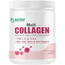 Multi Collagen Peptides Powder - Type I, II, III, V, X with Vitamin C, E & Hyaluronic Acid, Hair, Skin, Nail Support | Unflavored, Non-GMO, Easy Mix - 45 Servings