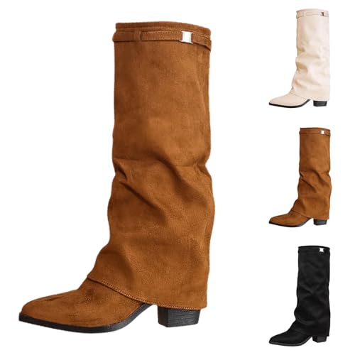 Bottes Femme Hautes À Talons Chaudes Mode Carrés Fold Over