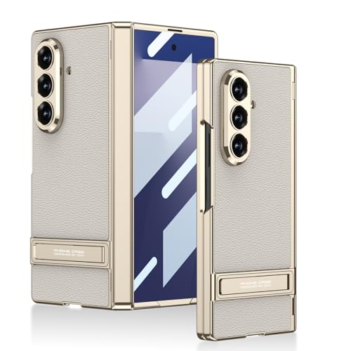 Image of Midkart Magnetic Case Compatible with Samsung Galaxy Z Fold 7 Release 2025 Hinge Protection Leather Cover with Stand Electroplated Camera Protection, Beige & Gold