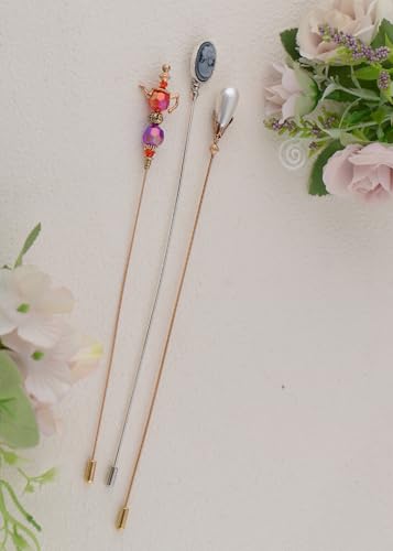 Image of Alilang Magic Lamp Pearl Lady Camo Rose Heart Rhinestones 3Pcs Vintage Long Handle Hat and Lapel Pins with Flexible Bendable Design