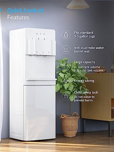 Image of TABU Bottom Loading Water Cooler with 3 Temperature-Hot, Cold, Room Settings, 3 or 5 Gallon Bottle Freestanding Water Dispenser with Child Safety Lock, Anti-Scalding, for Home /Office,White
