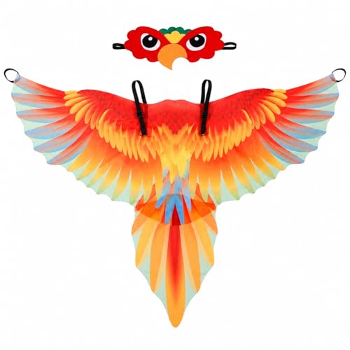 WRITWAA PapageienflüGel KostüM FüR Kinder Mit Verstellbaren Schultergurten VogelflüGel Umhang Und Kopfbedeckung FüR Fasching BüHne Und Party Kreativer Vogel KostüM