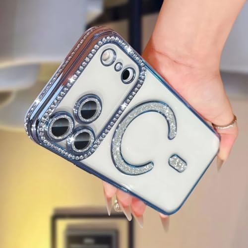 Image of for iPhone 17 Pro Max Magnetic Glitter Case,Luxury Bling Rhinestone Diamond Plated Bumper Case Sparkle Camera Lens Protection Clear Cover for iPhone 17 Pro Max (Blue)