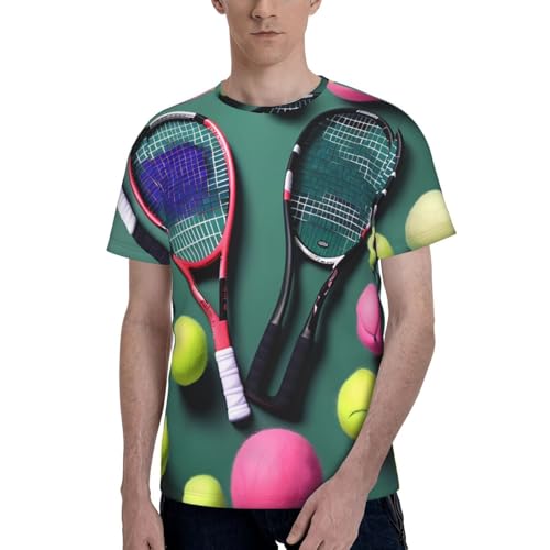 Divertidas raquetas de tenis y pelotas de tenis con estampado elegante y suave para hombre, camisetas de manga corta para hombre, perfectas para el uso diario, Negro, XXL
