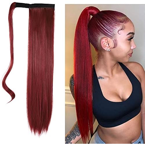 Gangel Red Ponytail Hair Extension Straight Pony Tails Wrap Around Hairpiece Claw Synbthetic Clip in Long Hair Extensions Magic Drawstring Pony Tail Hair Wraps(1 pc) (Wine Red Burg)