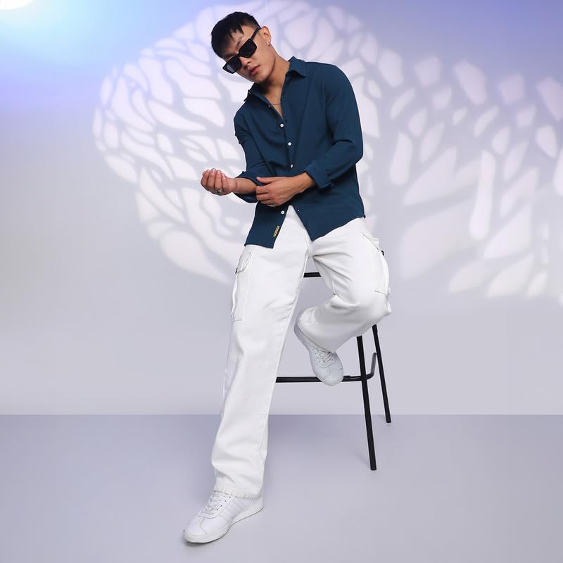 Image of CAHOOT Men's Veined-Textured Shirt | Casual Wear | Spread Collar | Long Sleeve | Button Closure | Shirt Crafted with Comfort Fit for Everyday Wear