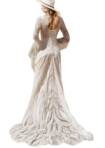 Ayervici Women's Bohemian Lace Wedding Dress for Bride 2026 A Line V Neck Long Bell Low Back Tasseled Boho Bridal Gowns, US10