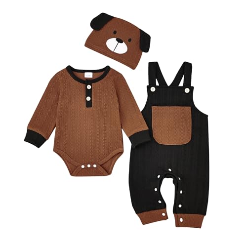 Baby Boy Clothes 0-3 Months Newborn Fall Winter Outfits Suspender Pants Set Cute Long Sleeve Rompers + Pocket Overalls + Hat With Dog Ears 3 Pcs Set Cute Cartoon Clothing Set Brown 0-3 Months