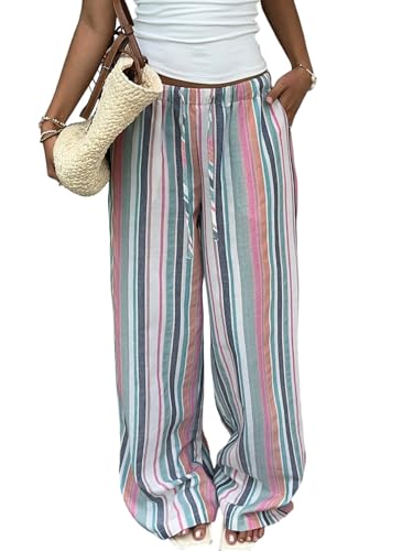 ZAFUL Womens Pants Elastic Waist Striped Drawstring High Waisted Wide Leg Linen Trendy Beach Palazzo Pants for Women Casual
