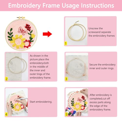 Image of Zhenqing Butterfly & Floral Punch Needle Embroidery Kit | 29x29cm Pink Bloom Design with Hoop & Tools | DIY 3D Textured Wall Art for Beginners(Z95092C)