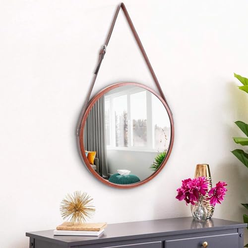 Image of Artemade Round Iron Framed Wall Mirror with Adjustable Leather Hanging Belt Strap Design Modern Art Mirror for Living Room Home Decor (Orange, 40 Cm)