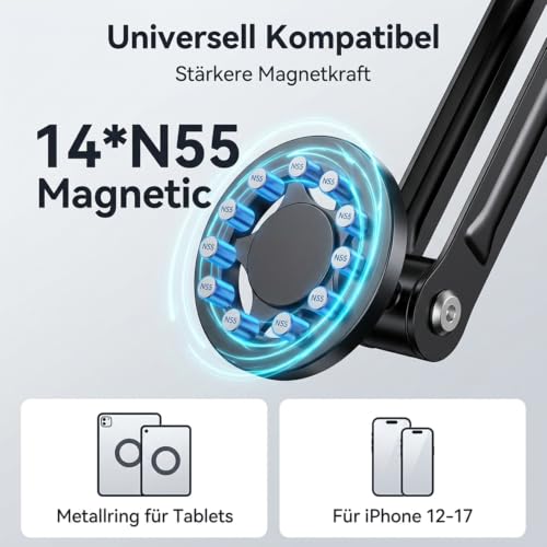 Image of ZORBES Magnetic Tablet Wall Mount, 360 Rotating Alloy Steel Stand with MagSafe & Metal Ring, Portable Monitor Stand Foldable Arm for 4.7-13 inch iPad /Phone /Tablet
