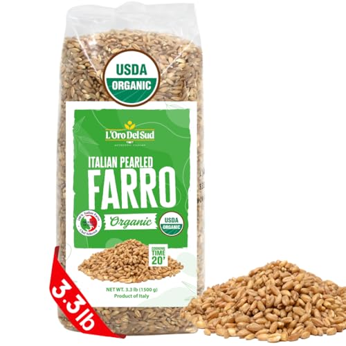 Organic Farro Pearled, 3.3 lb (52.8 oz), Italian Farro Perlato, Emmer Wheat, Non-GMO, Superfood, Bulk, Protein, Fiber Rich, L'Oro del Sud, Product of Italy