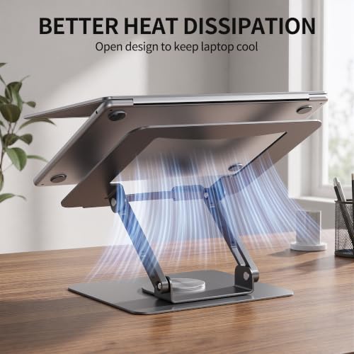 Image of SOUNDANCE Laptop Stand with 360 Rotating Base, Ergonomic Computer Riser for Desk, Adjutable Height Muti-Angle, Foldable Laptop Mount, Stable Metal Holder Support 10-15.6 inch Notebook PC, Silver