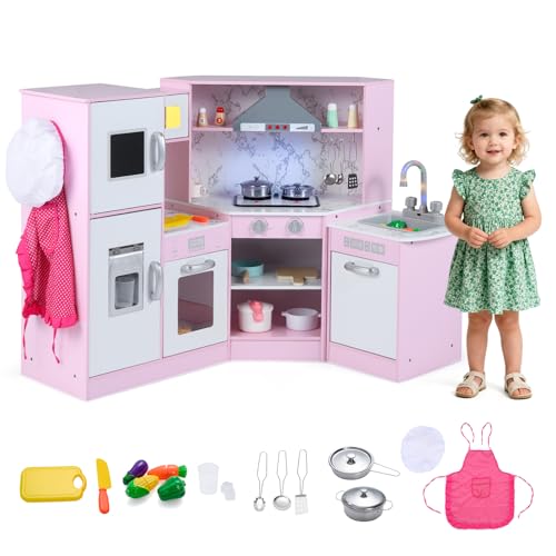 HOMASIS Cucina Angolare per Bambini in Legno, Cucina Giocattolo con Luci, Suoni e Vapore, Lavello, Fornello, Forno, Macchina del Ghiaccio, Frigorifero, Lavagna, per Bambini da 3+ Anni (Rosa)