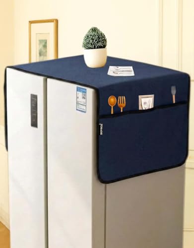 Image of Refrigerator Double Door Waterproof, Dustproof, Protective Cover for Fridges with Extra Storage Space Nylon Top Cover with 6 Storage Pockets (170 x 65 cm) (Navy Blue)
