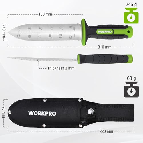 WORKPRO Hori Hori Garden Knife, 7" Stainless Steel Blade with Cutting Edge, Garden Tools with Oxford Sheath, Ergonomic TRP Handle with Hanging Hole for Weeding, Planting, Digging, Green