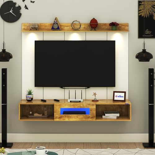 Image of Anikaa Novus PVC Back Panel Wall Mounted TV Unit with Spot & Blue Ambient LED Light - Acrylic Storage Box, Display Shelf & Soft-Close Hinges | Ideal for UP to 50 Inch TV (GiantWood - DIY Installation