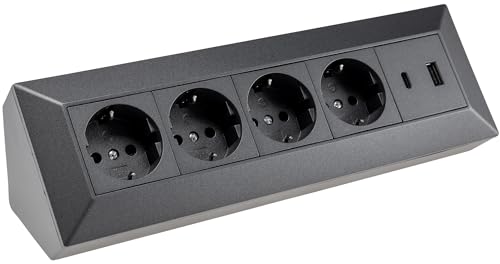 ChiliTec Bloc multiprise d'angle 4 prises avec USB-A USB-C PD pour bureau, cuisine, atelier, construction, montage encastré, anthracite