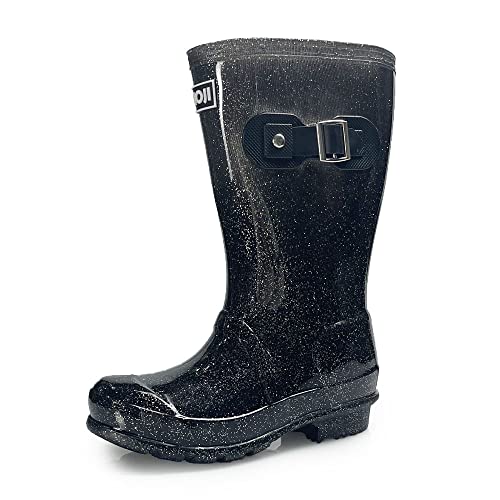 Amoji Girl Glitter Rain Boots Youth Rubber Boots Children Outdoor Waterproof Boots Black 3-3.5 Big Kid