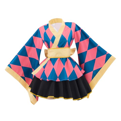 LQTIKLD Anime Kimono Dress Women Pink Plaid Lolita Dress with Bow Set-L