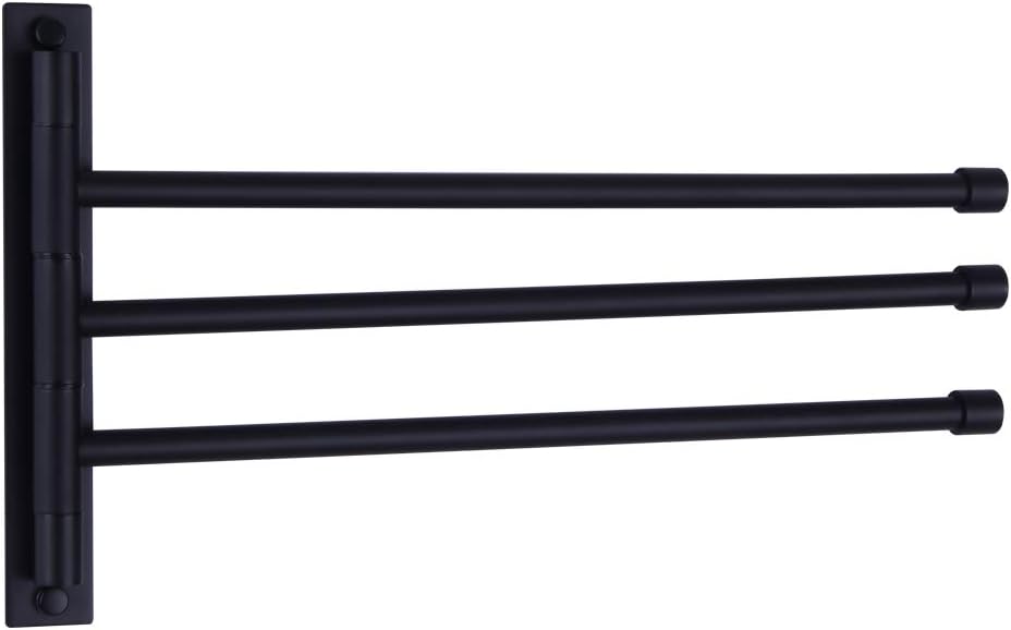 GERZWY Bath Towel Holder Swing Out Towel Bar SUS 304 Stainless Steel Bathroom Hand Towel Rack 3-Bar Folding Arm Swivel Hanger Wall Mount Matte Black HYG03-BK