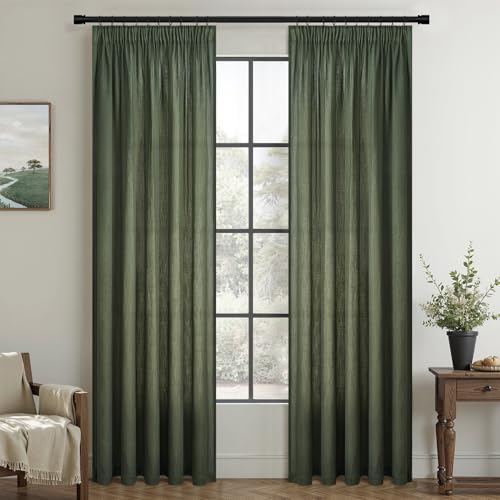 Topfinel Vorhänge Olivgrün Leinen 225x140cm Gardinen Wohnzimmer Schlafzimmer Deko Vintage Vorhang mit Kräuselband Halbtransparent Voile Gardine für Schienensystem 2er Set