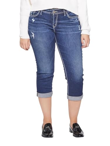 Silver Jeans Co. Women's Plus Size Suki Mid Rise Curvy Fit Capri Jeans, Dark Denimotion, 20 Plus